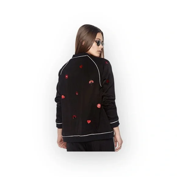 new Lauren Moshi 𖠌 Paris Ladybug Love Kiss Patch Bomber Jacket 𖠌 Black 𖠌 Medium - Picture 4 of 16
